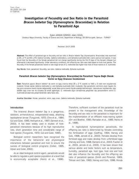 Pdf Investigaton Of Fecundity And Sex Ratio In The Parasitoid Bracon Hebetor Say Hymenoptera