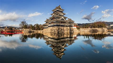 Japan Night Water Reflection Snow Winter Castle Moonlight