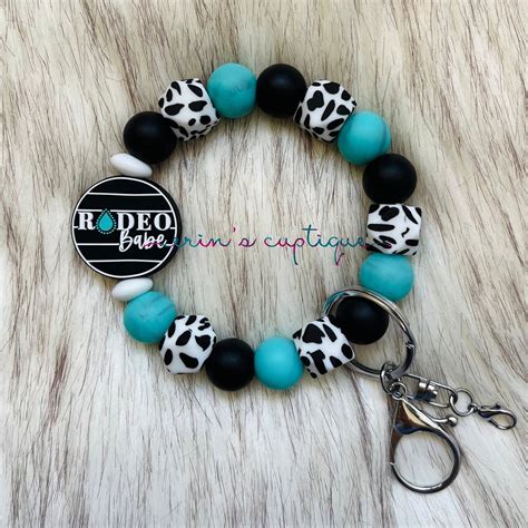 Rodeo Babe Western Cow Print And Turquoise Beaded Wristlet Keychain Cowhide Wristlet Cute
