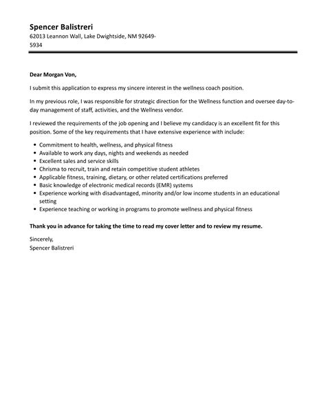 Wellness Coach Cover Letter Velvet Jobs