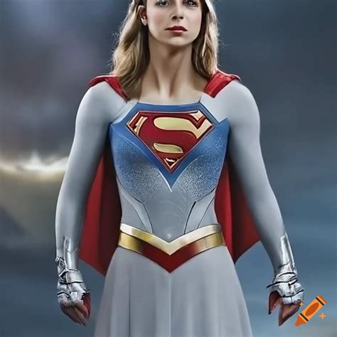 Image Of Melissa Benoist As Supergirl In White Costume With Armored Gauntlets And Cape On Craiyon