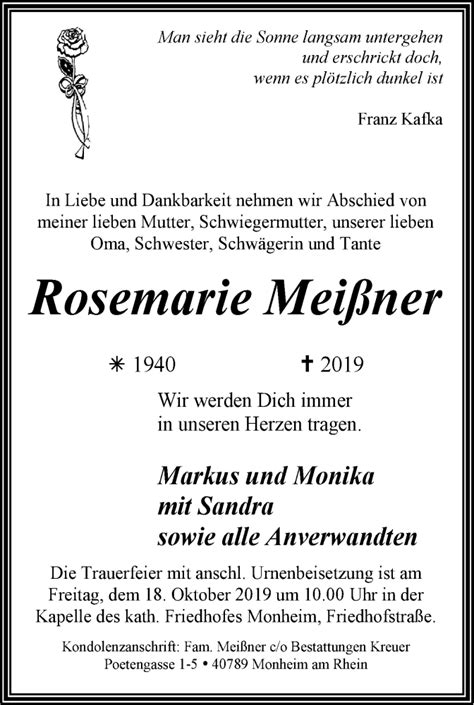 Traueranzeigen Von Rosemarie Mei Ner Trauer In Nrw De