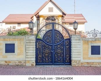 Private Villa Stone Fence Iron Decorative Stock Photo