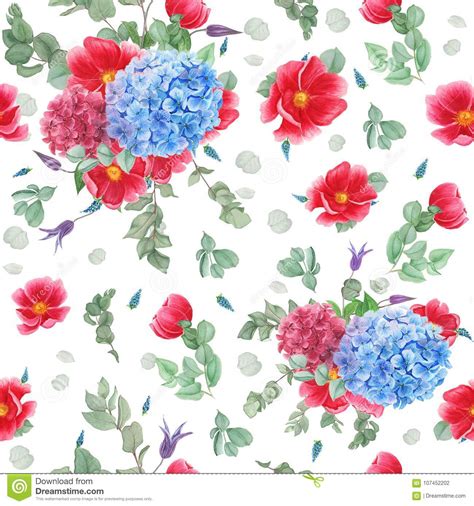 Floral Pattern With Hydrangeas Watercolor Painting Stock Illustration