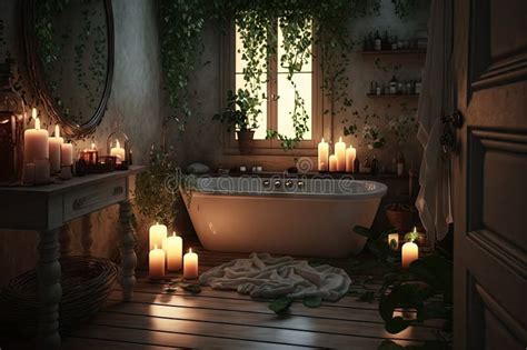 Luxurious Bathroom With Candlelight And Steamy Hot Bath Surrounded By Candles And Greenery Stock