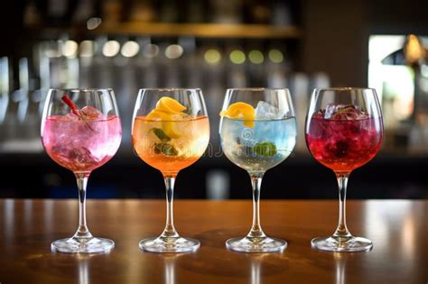 Five Colorful Gin Tonic Cocktails In Wine Glasses On Bar Stock Illustration Illustration Of