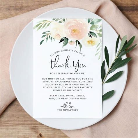 Printed Blush Floral Wedding Thank You Place Setting Table Cards