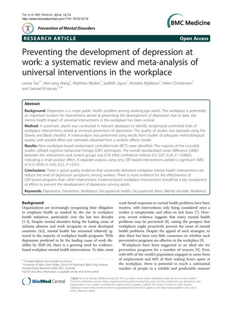 Pdf Preventing The Development Of Depression At Work A Systematic