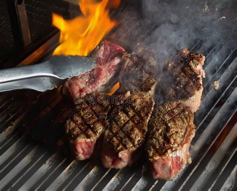 Steaks On Hot Grill With Flame Stock Image Image Of Flame Steak