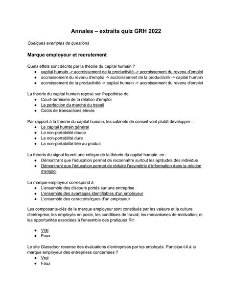 Annales Quiz De GRH 2022 Extraits 1 1 Annales Extraits Quiz