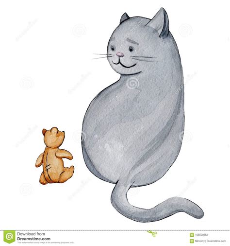 Watercolor Fat Cat With Teddy Bear Illustration Stock Illustration