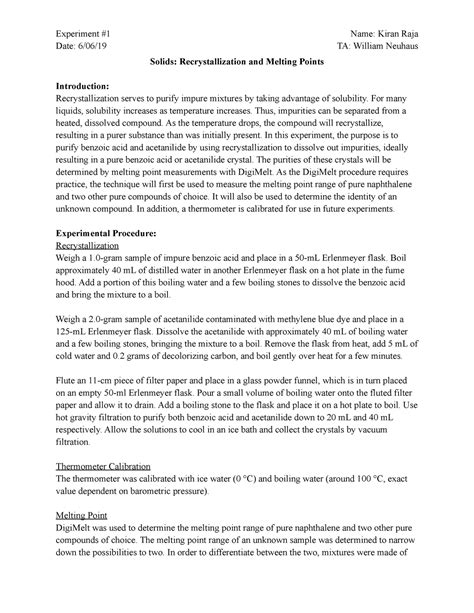 Lab Report 1 Solids Recrystallization And Melting Point Date 6 06