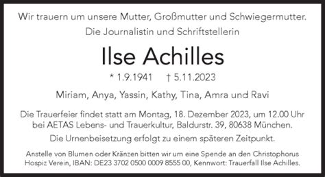 Traueranzeigen Von Ilse Achilles Sz Gedenken De