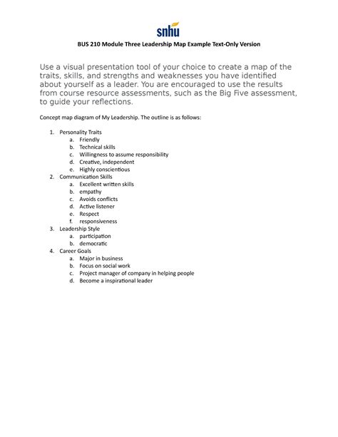 BUS 210 Module Three Leadership Map Example Text Only Version 1 You