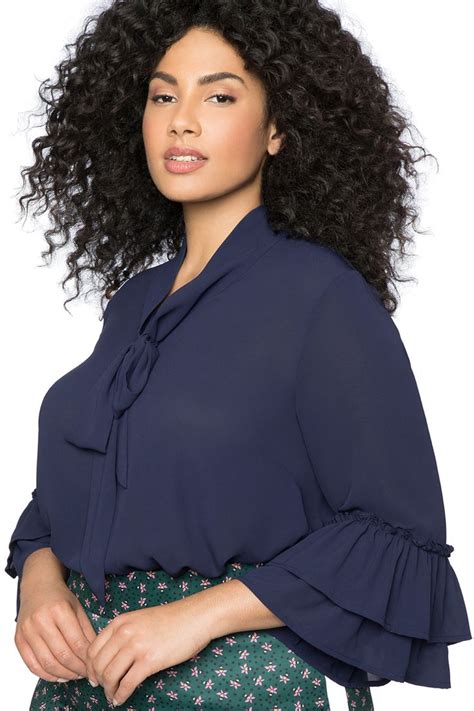 Navy Blue Tie Neck Ruffle Sleeved Plus Size Blouse Sleeves Trendy Plus