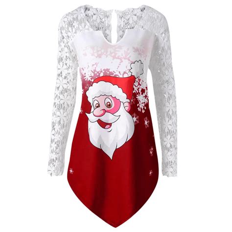 Fashion Christmas T Shirt Women V Neck Christmas Lace Panel Santa Claus