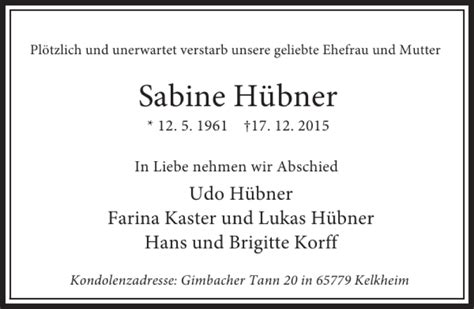 Traueranzeigen von Sabine Hübner trauer rheinmain de