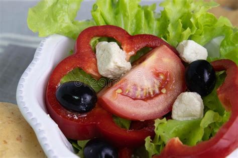 Close Up Greek Salad In A White Bowl Stock Image Image Of Living