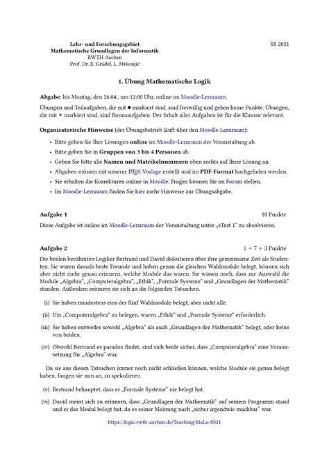 Homework Bungsblatt Mathematische Logik Ss Lehr Und