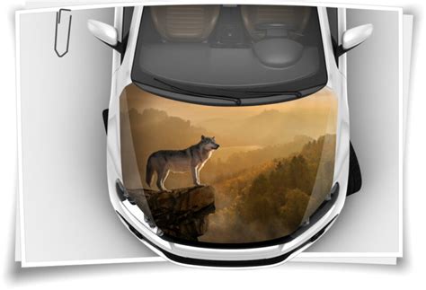 Motorhaube Auto Aufkleber Wolf Wildnis Wald Berge Natur Steinschlag