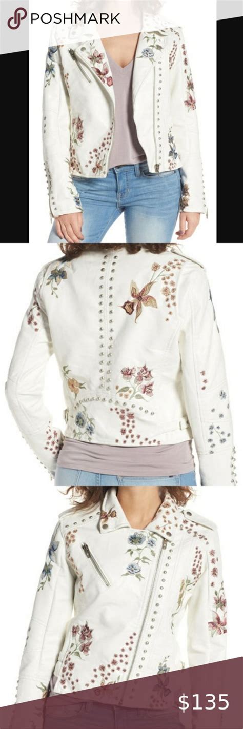 Blank NYC Midsummer Moto Jacket Faux Ivory Leather Floral Embroidery