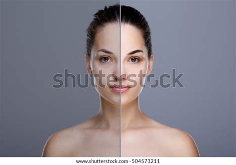 Comparison Portrait Woman Divided Face Woman Stock Photo 504573211