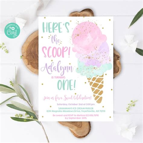 EDITABLE Ice Cream Birthday Invitation Here S The Scoop Etsy