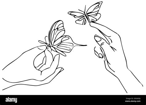 Single Continuous Line Of Hand Holding Butterfly On A White Background