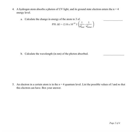 Solved 4 A Hydrogen Atom Absorbs A Photon Of UV Light And Chegg