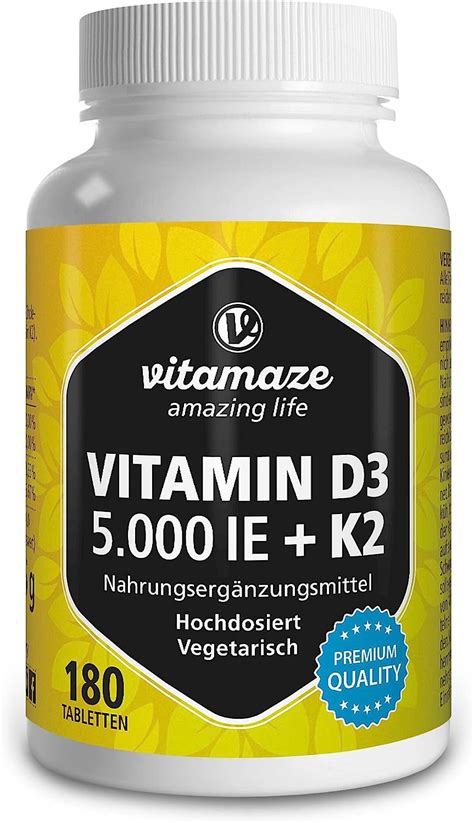 Vitamin D3 K2 Highly Dosed 180 Tablets 5000 IU Vitamin D3 100 Mcg