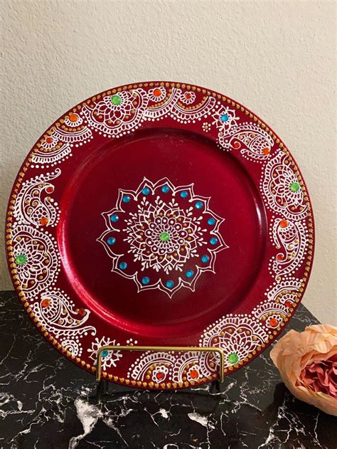 Decorative Trays Henna Decorated Red Plate Custom Plates Henna Plates Mehndi Thali Wedding