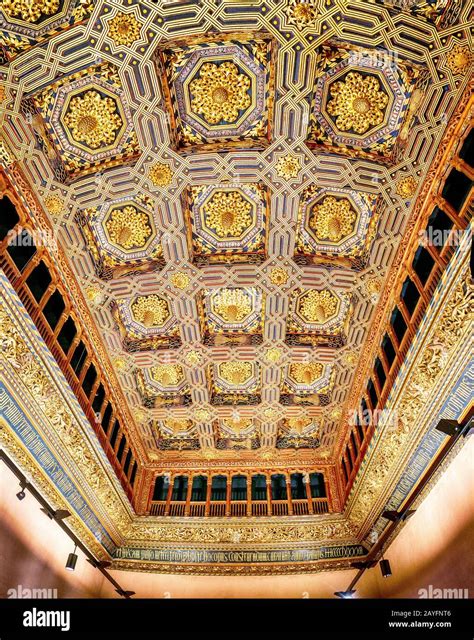 ZARAGOZA, SPAIN - 14 JULY 2018: Interior of a famous Aljaferia Palace ...