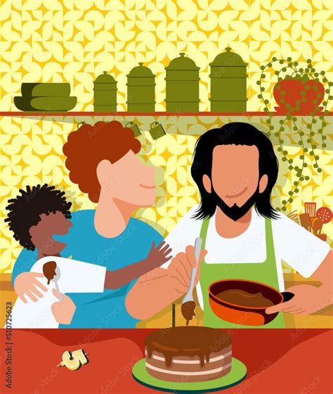 Vetor de família gay casal de pais gays e filho na cozinha fazendo o bolo de chocolate da
