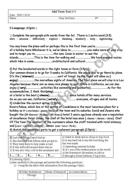 Mid Term Test N2 3rd Form ESL Worksheet By Roufa