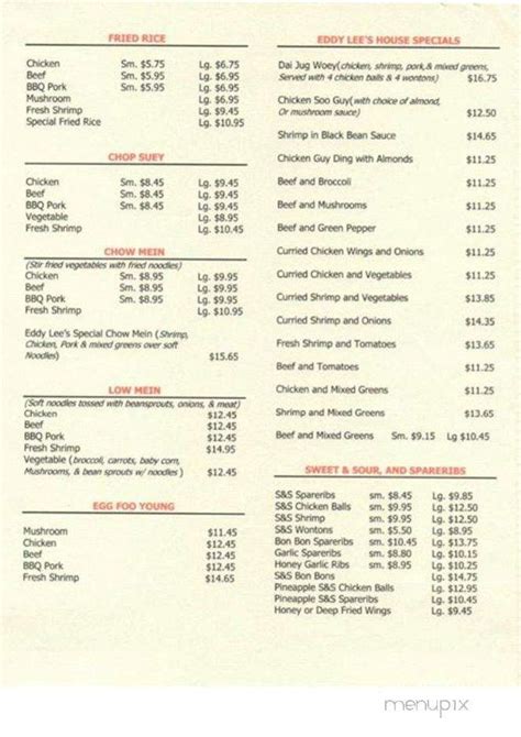 Menu Of Eddy Lee S Chinese Restaurant In Thunder Bay On P B K