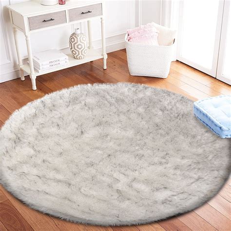 Latepis White With Grey Tips Fur Round Rug 3 Ft Faux Sheepskin Circle