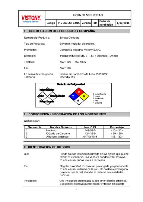 MSDS Limpia Contacto ninguna Código VIS SIG CC FC 015 Versión 00