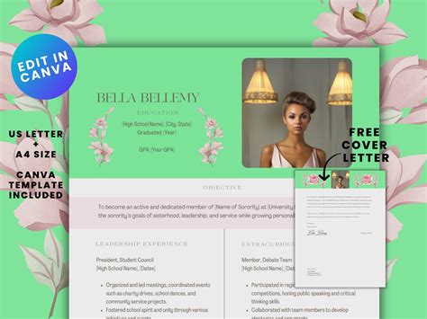 Sorority Resume Templates Canva Beauty Resume Cover Letter Editable Template For Rush Resume