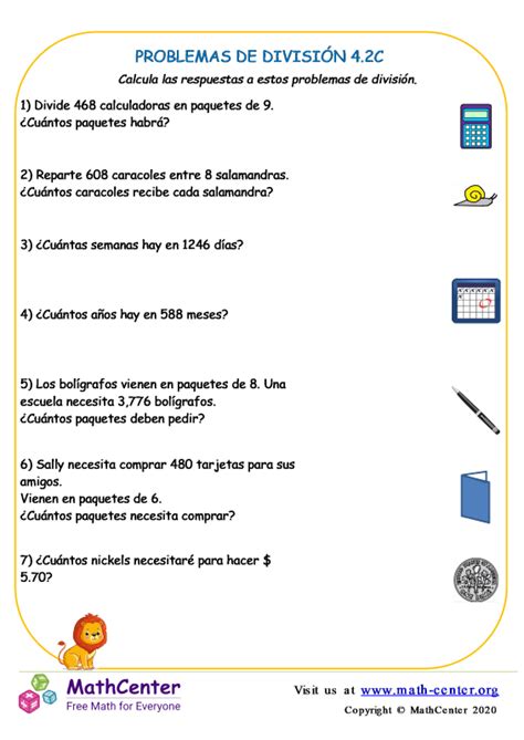 Cuarto Grado Hojas De Trabajo Problemas De Divisi N Math Center