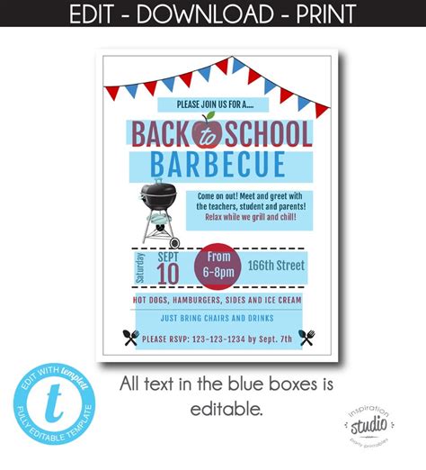 Back To School Barbecue Flyer Template School Bbq Party Etsy