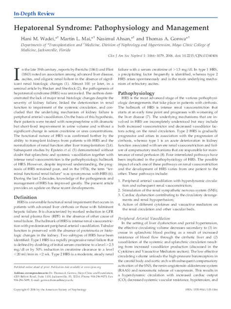 Pdf Hepatorenal Syndrome Pathophysiology And Management Martin Mai