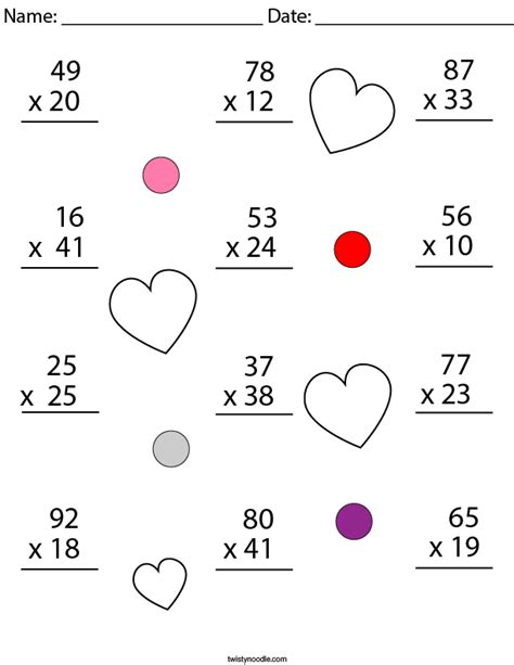 Valentine S Day Multiplication Practice 2 Digit By 2 Digit Math Worksheet Twisty Noodle