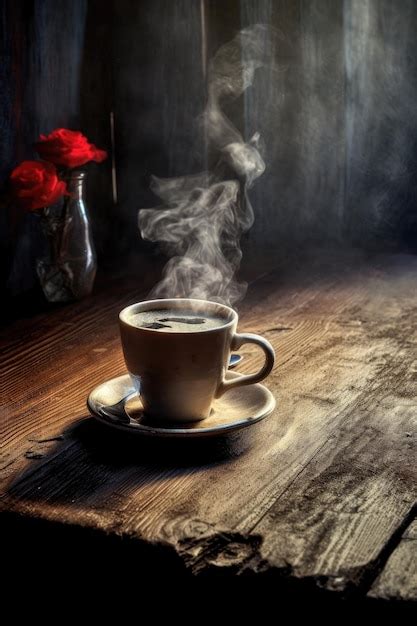 Premium AI Image Steaming Cup Of Black Coffee On A Wooden Table