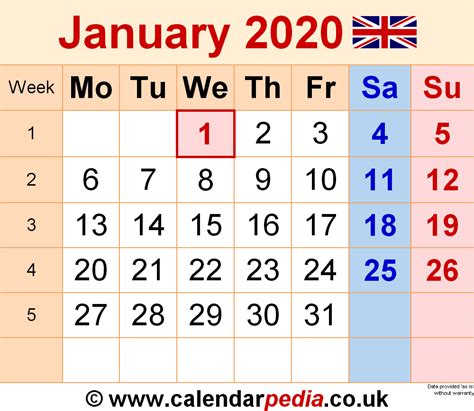 Calendar January 2020 Uk With Pdf Excel And Word Templates