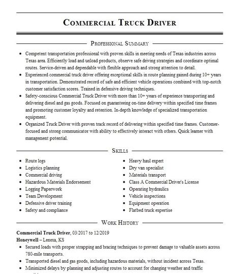 Commercial Truck Driver Resume Example