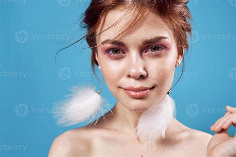 Pretty Woman Church Makeup Naked Shoulders Clear Skin Blue Background 22641911 Stock Photo At