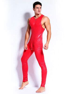 Mens Red Fetish Kinky Stretch Faux Leather Gay Straight Zip Bodysuit