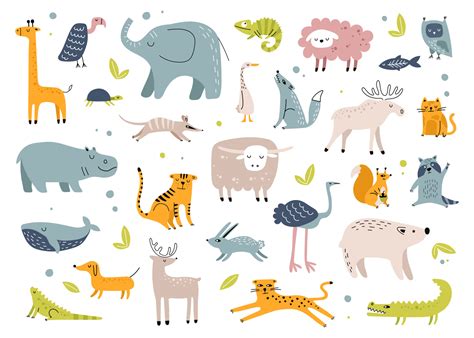 Scandinavian animals. Cute rabbit, elephant, turtle, tiger, owl ...