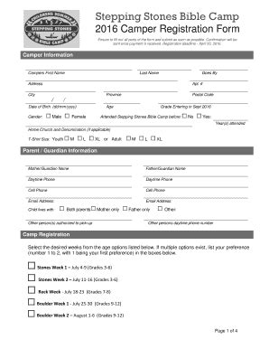 Fillable Online Steppingstonesbiblecamp Camper Registration Form