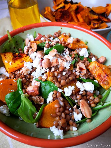 Ensalada De Calabaza Asada Lentejas Espinacas Y Feta Caracol Viajero